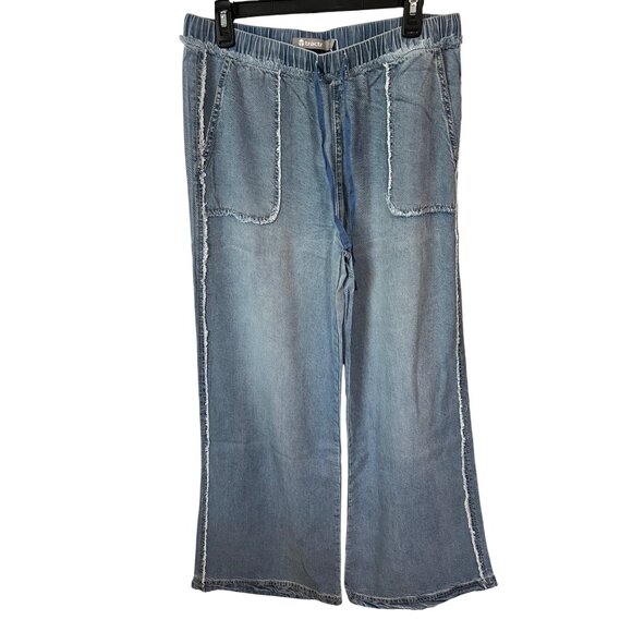 Tractr Womens Indigo-Dyed Wide-Leg Denim Pants With Drawstring Waist & Frayed Po - Picture 1 of 8